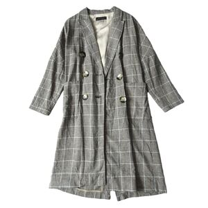Zara Long Houndstooth Plaid Coat Jacket Grey Womens S Oversized Double Breasted